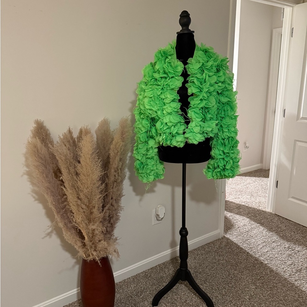 AKIRA Neon Green Ruffle Bomber Jacket